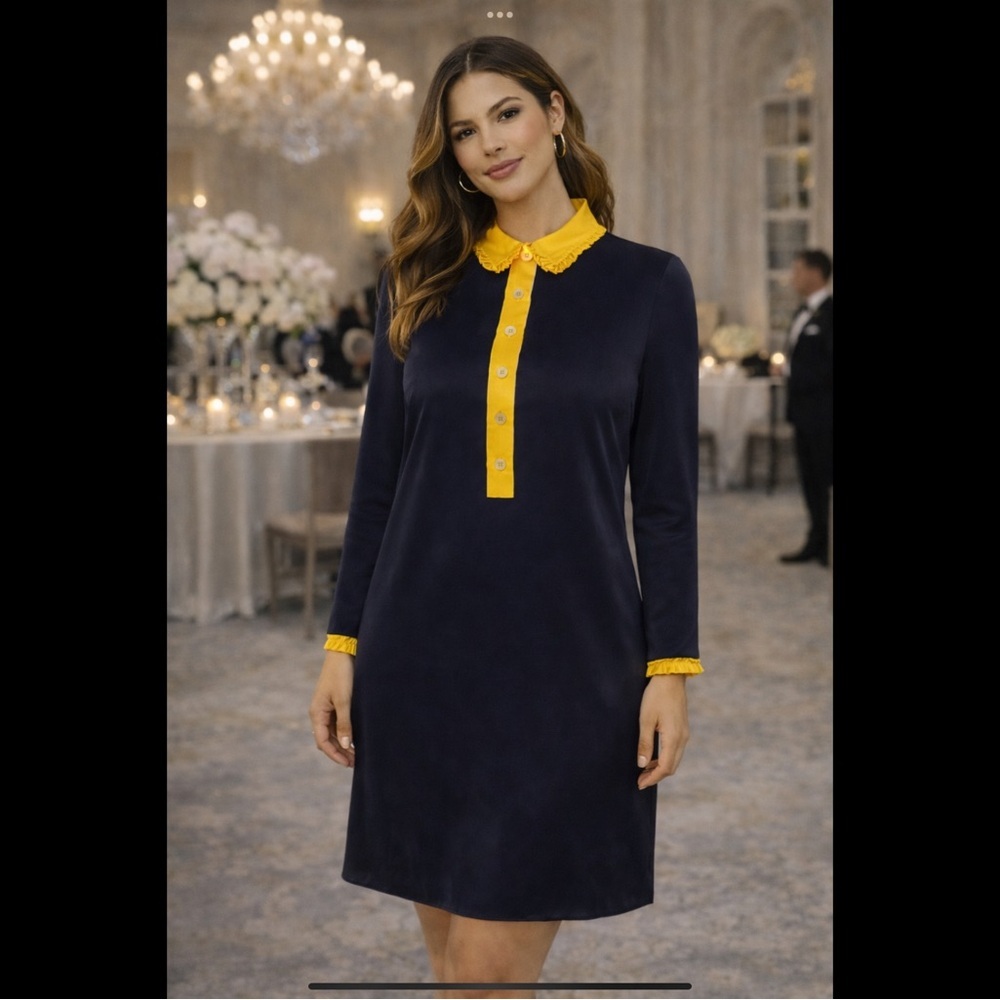 NWT Bill Blass 100% Silk Navy Shift Dress w/ Yellow Ruffle Collar – Size S - Picture 16 of 16